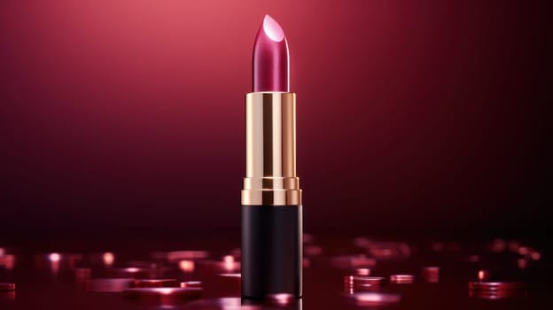 Red lipstick cosmetic product with a gradient burgundy background. Created using AI Generated technology and image editing software.