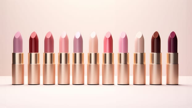 Assorted lipsticks in pastel and red shades. Created using AI Generated technology and image editing software.