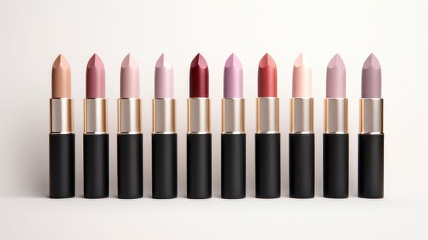 Varied pinks and neutrals lipstick set. Created using AI Generated technology and image editing software.