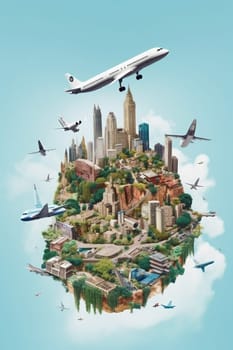 tour plane travel student illustration symbol globe sky tower aircraft global europa design concept eiffel earth country traveling city map journey. Generative AI.