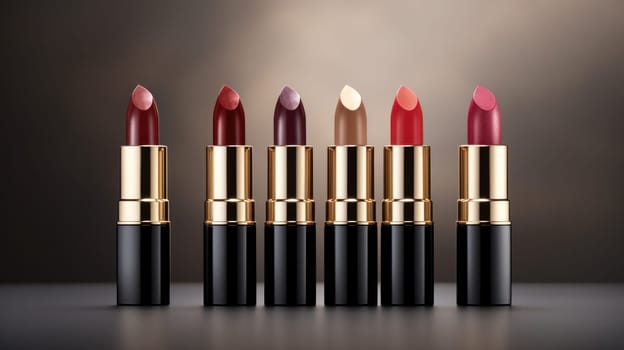 Elegant lipsticks in varied hues. Created using AI Generated technology and image editing software.