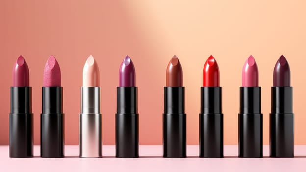 Variety of lipsticks on a salmon pink surface. Created using AI Generated technology and image editing software.