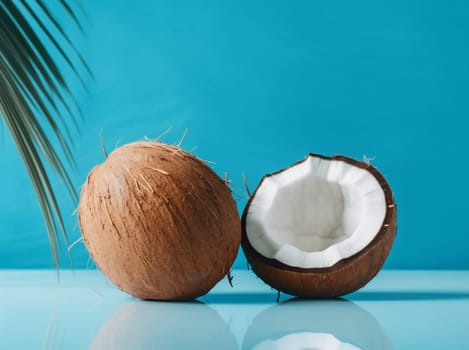 oil food nature high up tropical closeup fruit coconut nut background summer space concept diet view vegetarian organic top copy blue trend design. Generative AI.