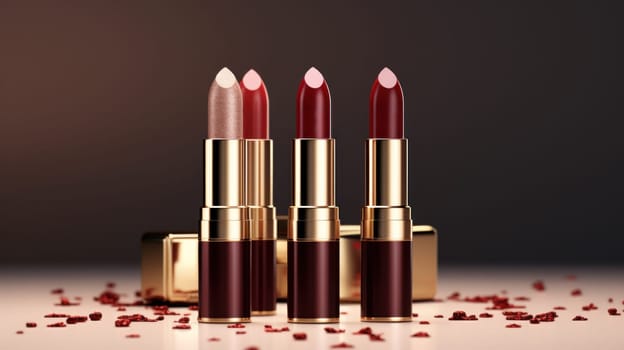 Assorted lipsticks in maroon and gold. Created using AI Generated technology and image editing software.