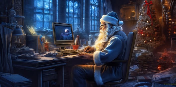 woman family online concept video laptop holiday decoration communication claus character santa winter house year christmas cheerful happy home call illustration. Generative AI.