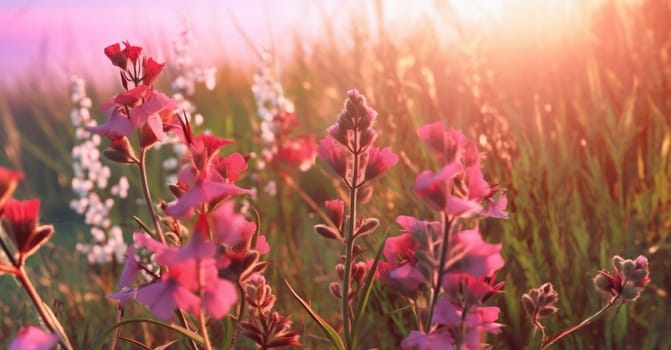 environment spring color floral beautiful sky vivid blooming background countryside violet garden sunset meadow flower natural field green pink rural nature. Generative AI.