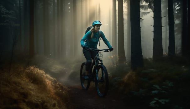 woman cycling walking forest healthy lifestyle bike landscape path sunset ride trail dark summer activity wood sport female adventure helmet bicycle. Generative AI.