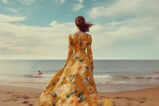 woman floral vacation sunlight beautiful beach sun fashion summer gypsy dress hippie sea trendy outdoor blue model person lifestyle attractive freedom. Generative AI.
