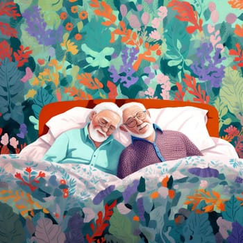 old woman man adult retired illustration cartoon love home married flowers asleep bed lifestyle concept happy bedtime mature couple together happiness sleep. Generative AI.