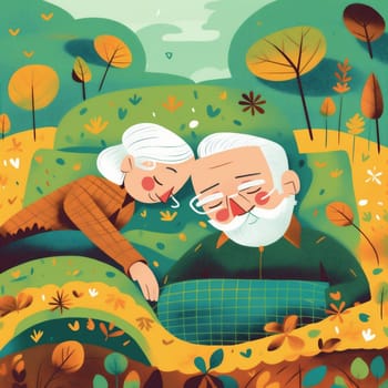 woman together man flowers happiness happy bed asleep aged adult cartoon couple pillow retired grandmother retirement old married illustration love sleeping male. Generative AI.