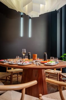 A set of sushi rolls on a table in a restaurant. High quality photo.