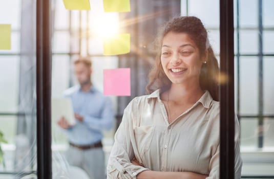 Bringing her vision to life. Shot of a confident businesswoman presenting an idea to her colleague using adhesive notes on a glass wall in the office.