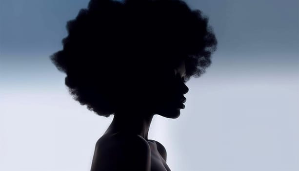 Beautiful portrait of proud African American black woman silhouette with afro curly hair on soft background. Copy space illustration of African American woman profile with afro ponytail hairstyle. Space for text