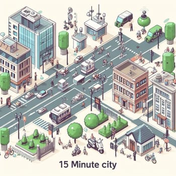 15 minute city isometric map, crowd, transport, building, security, cameras, drone and bot police, limited freedom generative ai art