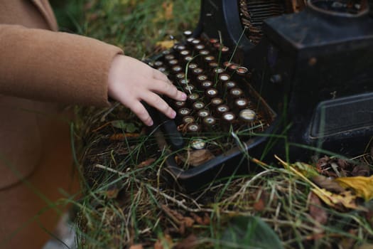 Vintage antique Typewriter. Typewriter Machine Closeup Photo.