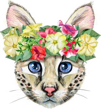 Cute cat in a wreath of flowers. Cat for t-shirt graphics. Watercolor Savannah cat illustration
