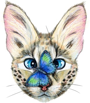 Cute cat with butterfly. Cat for t-shirt graphics. Watercolor Savannah cat illustration