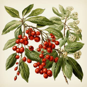 Christmas branch with berries plants, holly berry, christmas tree, pine, leaves branches, holiday decoration, winter symbols isolated on white background. Stylish modern design. Vintage nature illustration