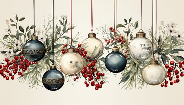 Happy Holiday and Merry Christmas template stylish vintage design. design for Christmas greetings card colorful color. Typography and icon for Xmas background, banners or posters. Winter holidays design elements Copy space. Christmas ball,berries and branches. Space for text