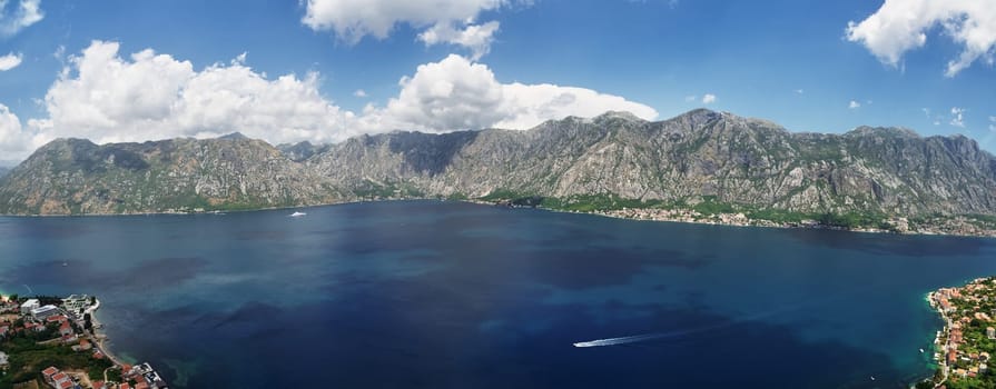 Bay of Kotor is surrounded by a mountain range. Montenegro. Drone. Panorama. High quality photo