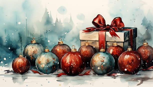 Merry Christmas and Happy New Year. Background Xmas design realistic gifts box, festive decorative objects. flat lay top view. Vintage Christmas poster, holiday banner, flyer, stylish brochure, greeting card Copy space Space for text