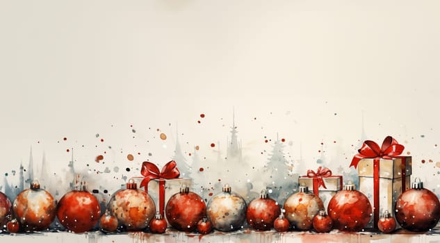 Merry Christmas and Happy New Year. Background Xmas design realistic gifts box, festive decorative objects. flat lay top view. Vintage Christmas poster, holiday banner, flyer, stylish brochure, greeting card Copy space Space for text