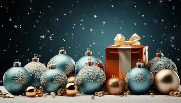 Merry Christmas and Happy New Year. Background Xmas design realistic gifts box, festive decorative objects. flat lay top view. Vintage Christmas poster, holiday banner, flyer, stylish brochure, greeting card Copy space Space for text