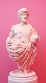 A statue in the form of an antique man, made of ice cream, standing on pink background. Vertical