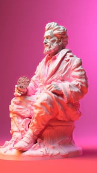 A statue in the form of an antique man made of ice cream sits on a pink background, holding a round cookie in his hands. Vertical