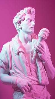 White statue in the form of a young man holding an ice cream cone, standing on a pink background.