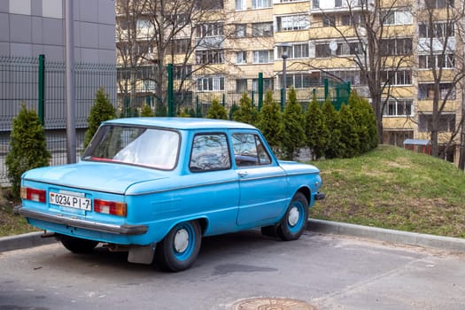 Belarus, Minsk - 20 october, 2022: Car blue retro close up