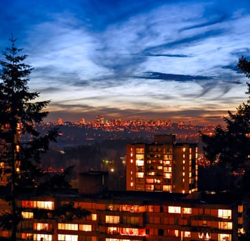 Big city night landscape after sunset in Vancouver, Canada.