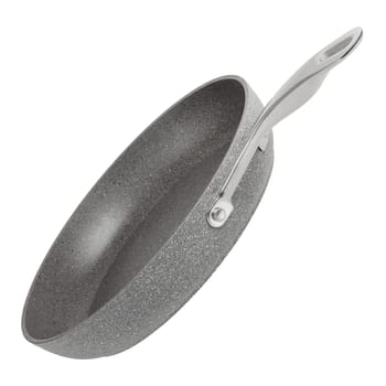Frying pan with non-stick coating on a white isolated background. New gray frying pan, clipart for inserting into a design or project. Overlay for kitchen theme. Side view