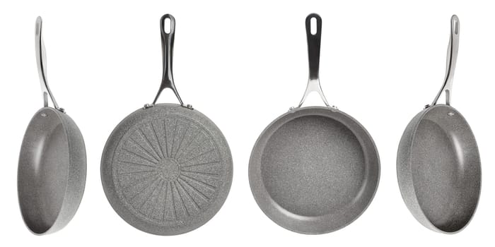 Big set of frying pans with non-stick coating on a white isolated background. New gray frying pans, clipart for inserting into a design or project. Overlay for kitchen theme. Different angle.