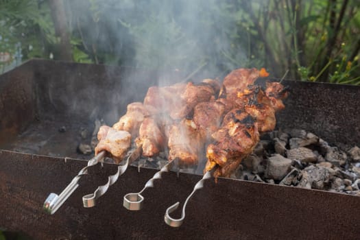 Barbecue on skewer. Fresh meat shish kebab (shashlik) prepared on a grill wood coal, outdor.