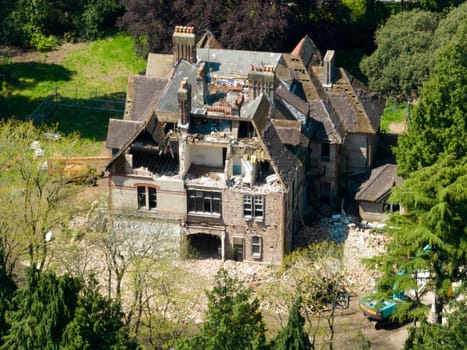 drone's eye view of the partially demolished mansion on Wilderton Road in Bournemouth in the UK