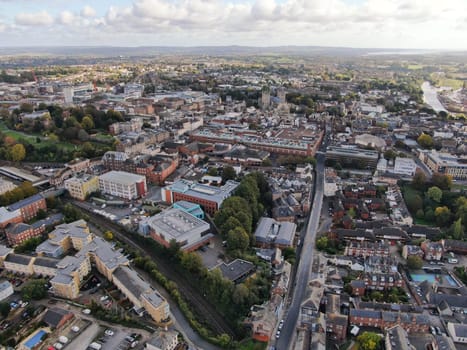 a drone eye view flying above Exeter in Devon , UK