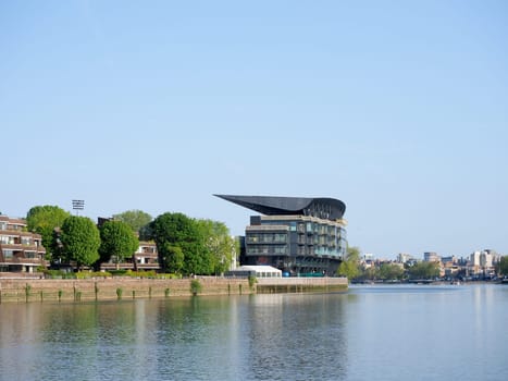 The redeveloped Craven cottage football ground home of Fulham FC in London as seen from the River Thames