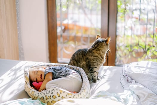 Little girl curled up in a cat bed near a sitting cat on the bed. High quality photo