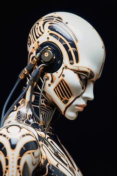 Female humanoid robot with mechanical parts in beige tones. Portrait, close-up. High quality illustration