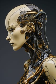 Female humanoid robot with mechanical parts in beige tones. Portrait, close-up. High quality illustration