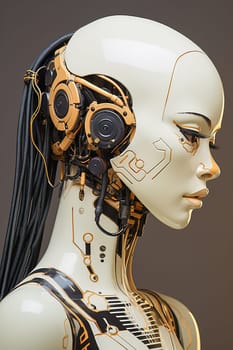 Female humanoid robot with mechanical parts in beige tones. Portrait, close-up. High quality illustration