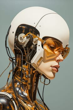 Female humanoid robot with mechanical parts in beige tones. Portrait, close-up. High quality illustration