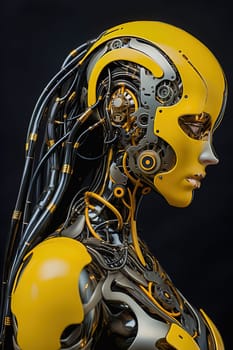 Female humanoid robot with mechanical parts in yellow tones. Portrait, close-up. High quality illustration