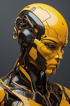 Female humanoid robot with mechanical parts in yellow tones. Portrait, close-up. High quality illustration