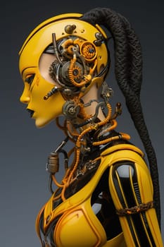 Female humanoid robot with mechanical parts in yellow tones. Portrait, close-up. High quality illustration