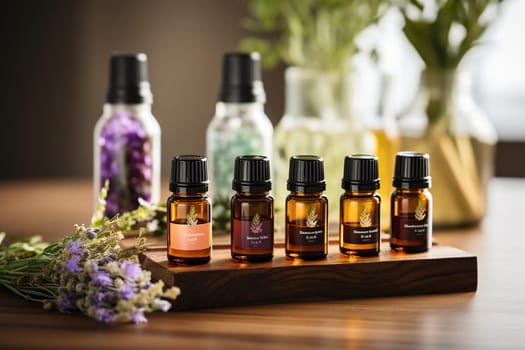 Bottles with different aromatic oils on a wooden stand in the rays of sunlight.