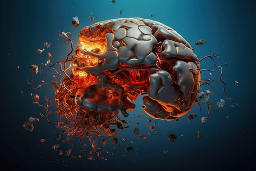 Futuristic model of a collapsing human brain with inner glow. High quality illustration