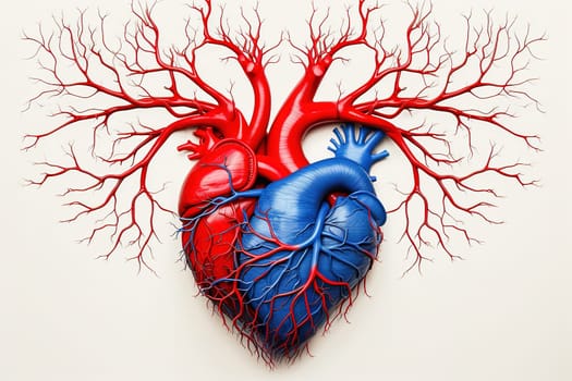 Red and blue model of a human heart. Heart care concept. High quality illustration