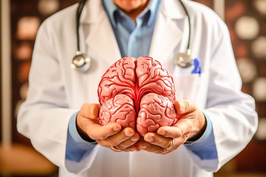 A doctor holds up a model of a human brain. High quality photo